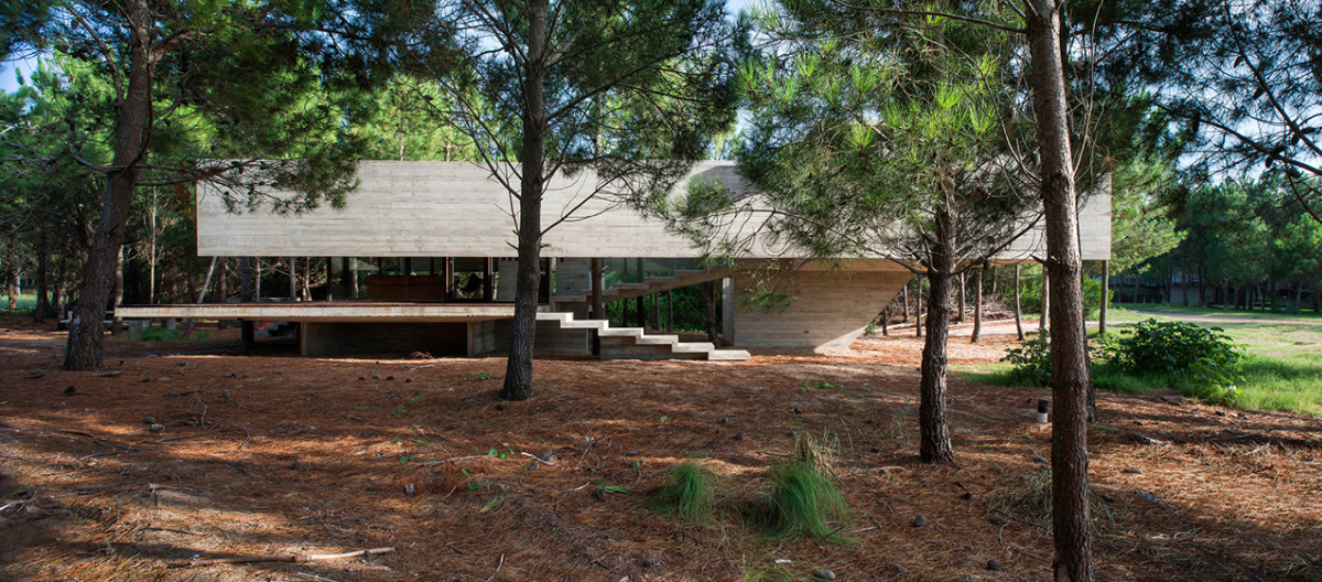 Partially open S+J family house by Luciano Kruk placed in the pine forest of Costa Esmeralda