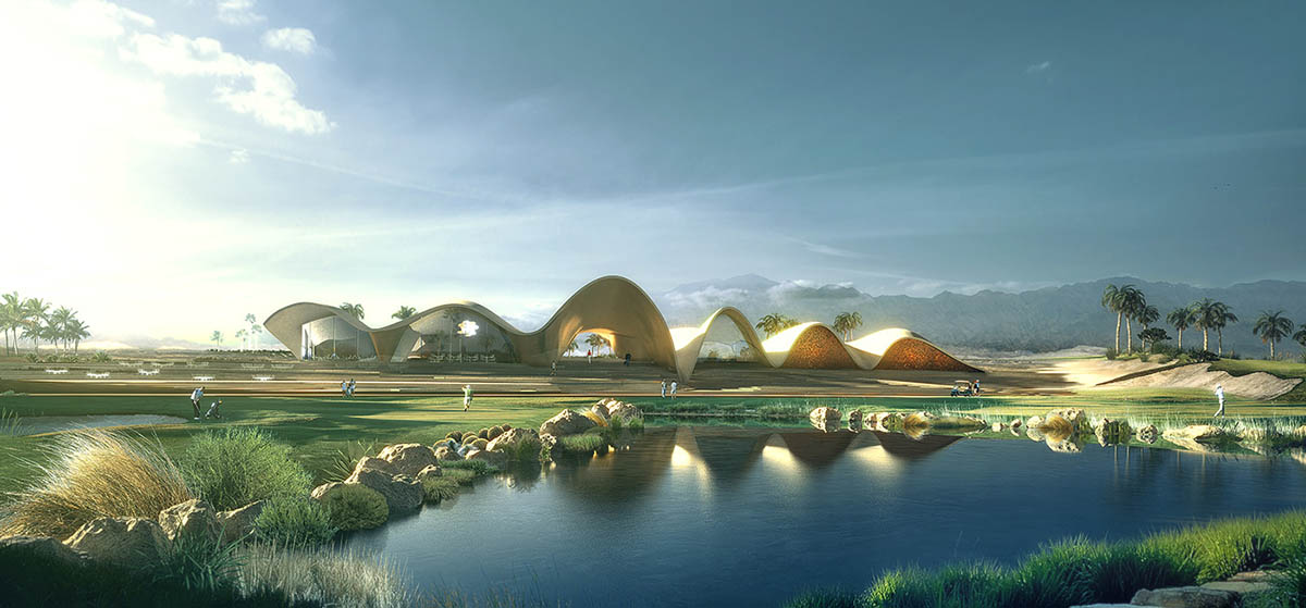 Oppenheim Architecture completes Ayla Golf Academy with wavy roofs in deserted landscape of Jordan