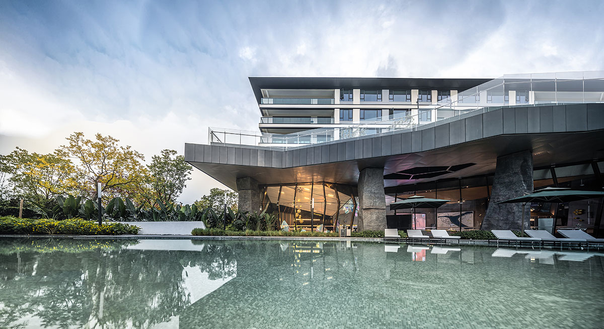 aoe completes reception center with glass polyhedron with observation tower on the edge of cliff
