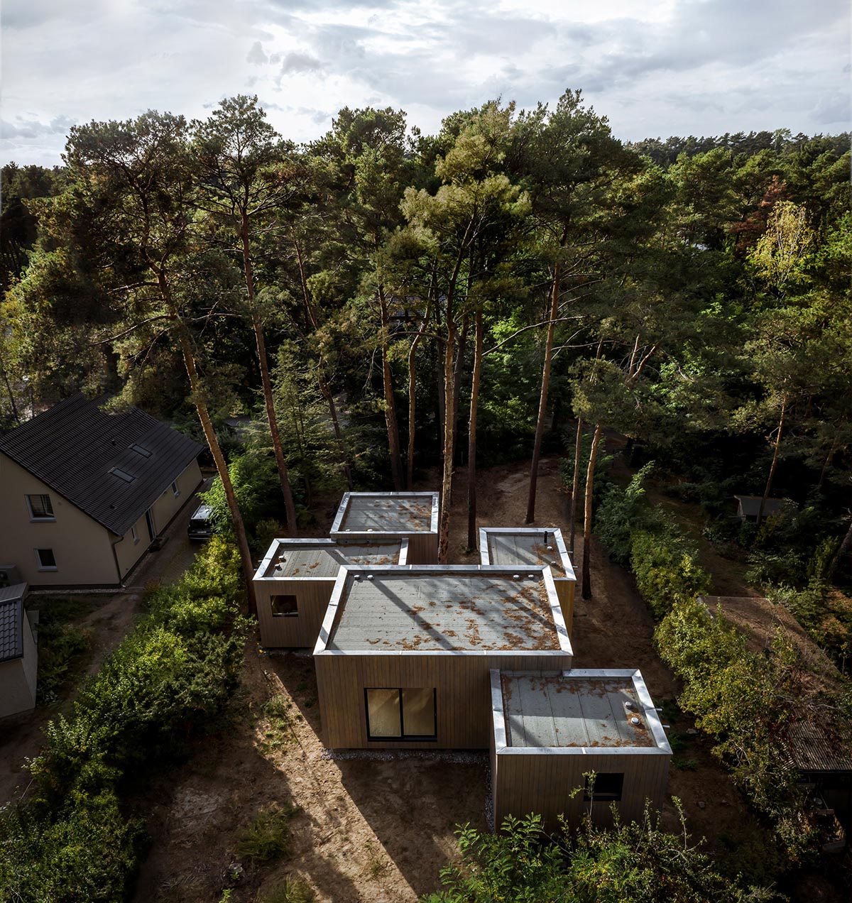 Zeller & Moye built private residence composed of interlocked timber cabins among pine trees