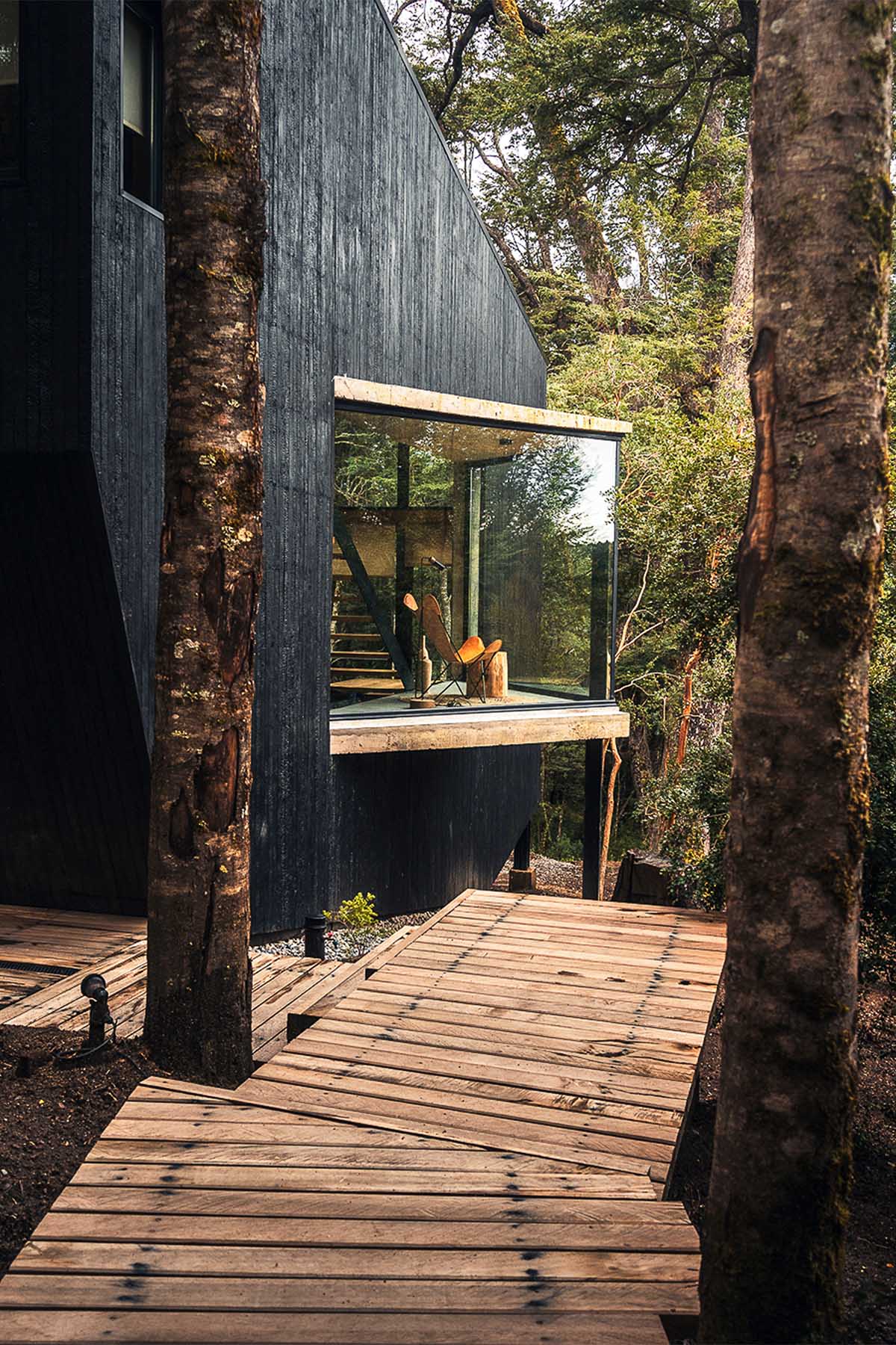 Argentinean guest cabins are envisioned with a rugged, rocky morphology clad in eucalyptus wood