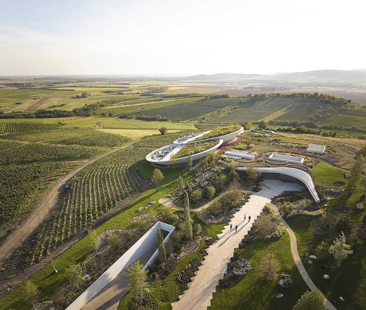 Two circular hovering volumes form a winery perched atop the Padi Hill in Hungary 