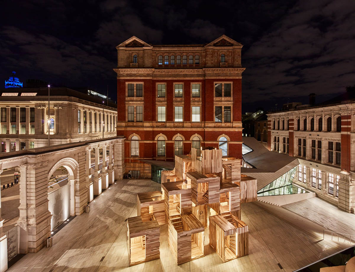 Waugh Thistleton Architects installs modular wooden maze-like sculpture at London Design Festival