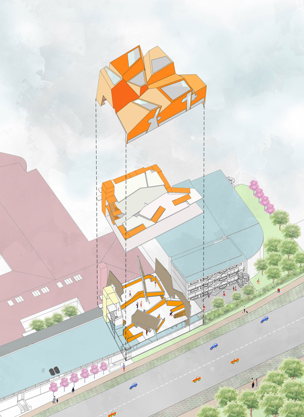 Construction begins on CRAB Studio's orange-colored Innovation Hub at Arts University Bournemouth