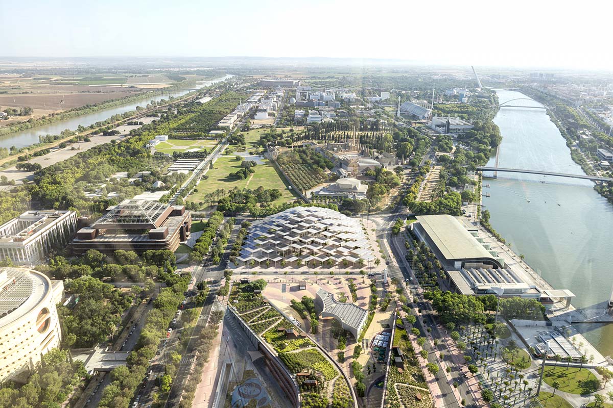 BIG designs research center with solar canopies referencing to shaded plazas and streets of Seville