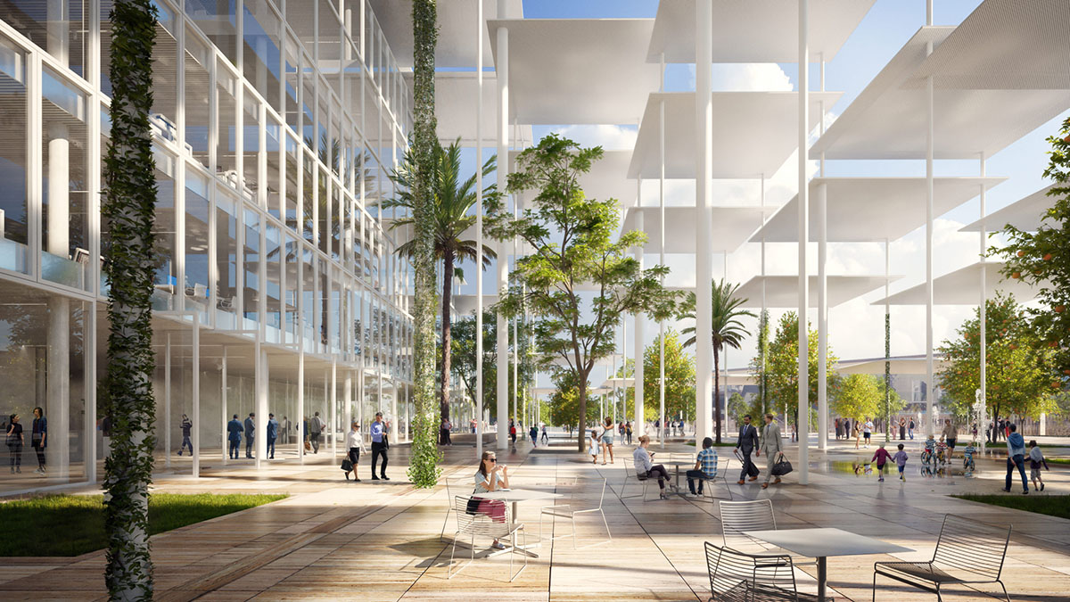 BIG designs research center with solar canopies referencing to shaded plazas and streets of Seville