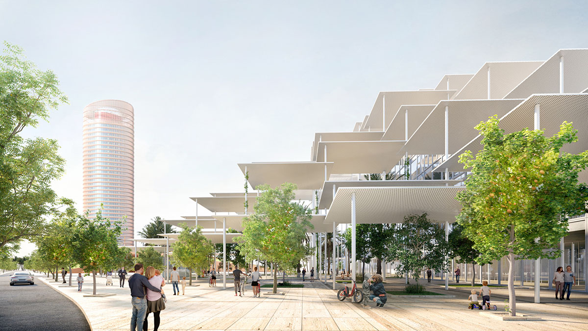BIG designs research center with solar canopies referencing to shaded plazas and streets of Seville