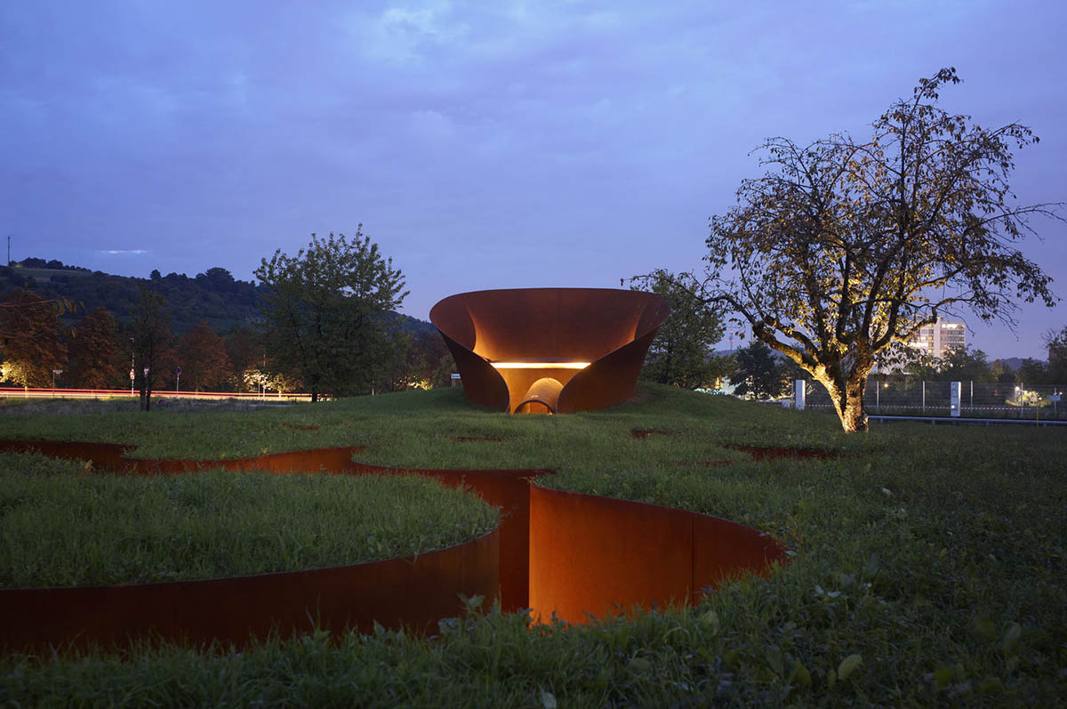 The snake-like Doshi Retreat becomes a sanctuary of sound and serenity at the Vitra Campus