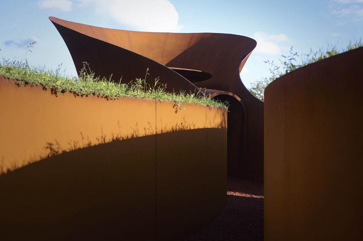 The snake-like Doshi Retreat becomes a sanctuary of sound and serenity at the Vitra Campus