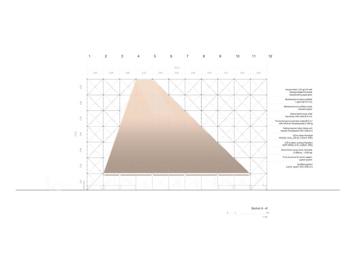 Aire Pavilion wrapped by giant scaffolding represents 