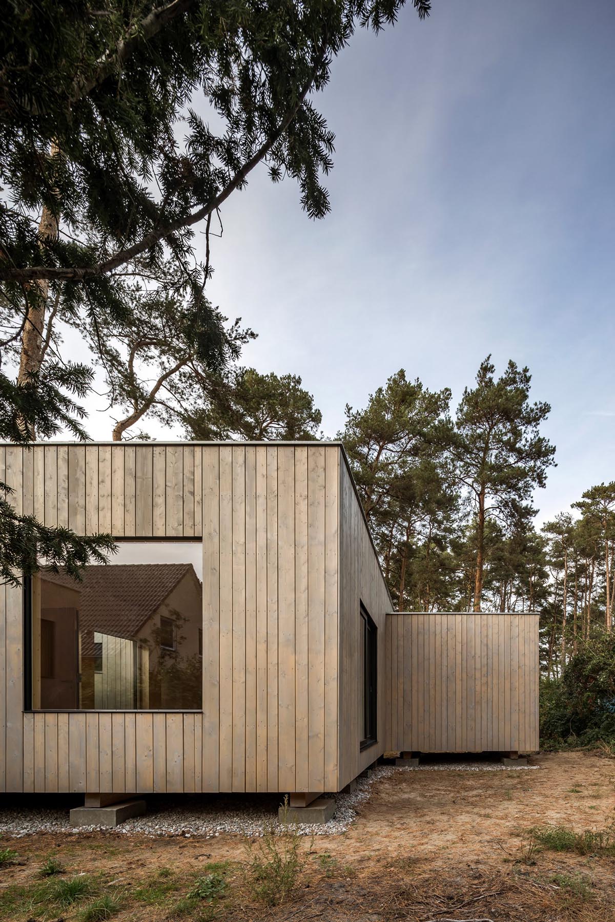 Zeller & Moye built private residence composed of interlocked timber cabins among pine trees