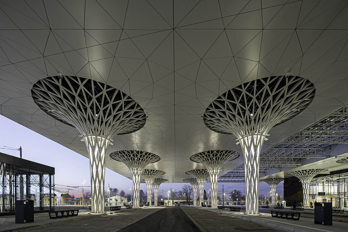 Organic tree-like columns are combined with linear canopy for Metropolitan Station in Lublin 