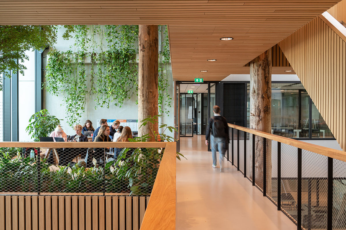 Untreated tree trunks pass through the central staircase of the Langeveld Building in Rotterdam
