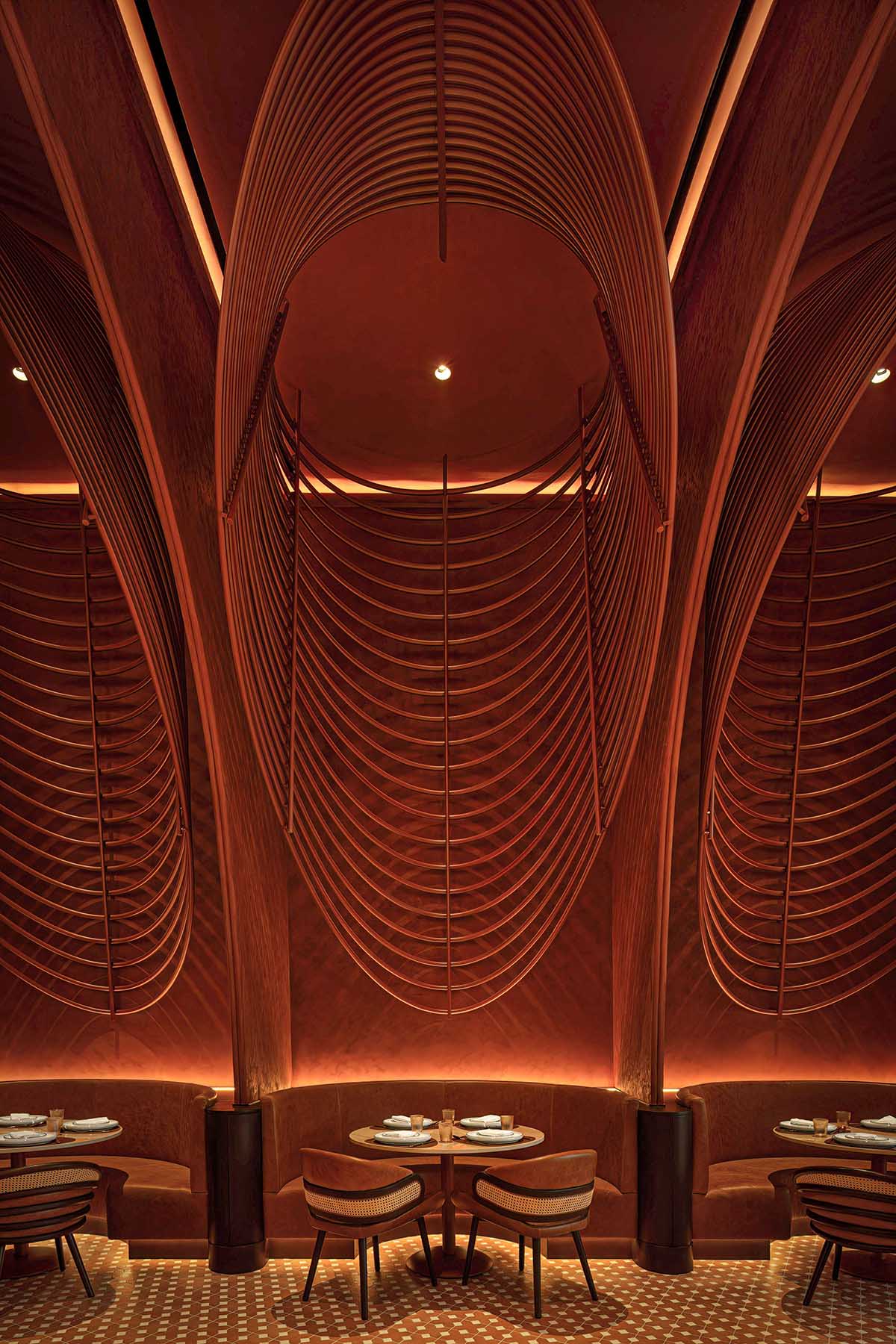 Mausam is a dining space that translates Mughal arches into a sculptural ceiling in Dubai