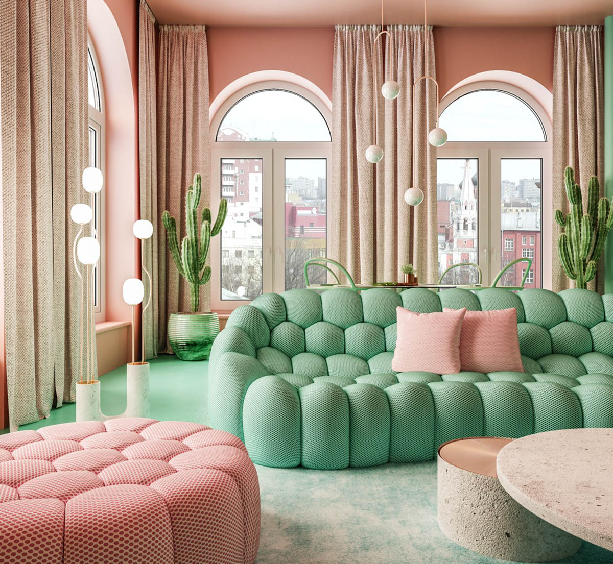 Reutov Design creates tropical interior for apartment with terracotta-pink walls, bulbous furnitures