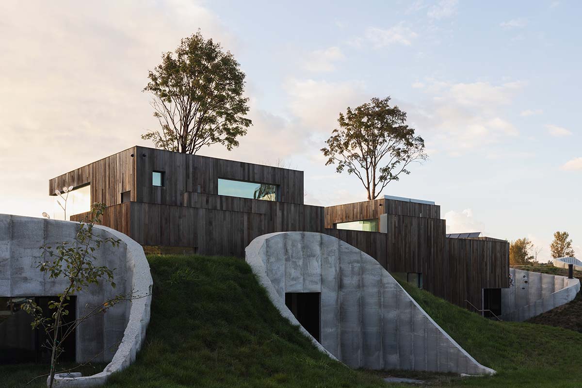 Omer Arbel shapes family home around monumental lily pad columns on a hayfield in Canada