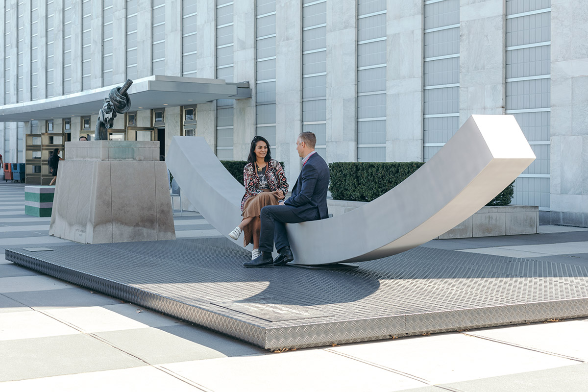 Snøhetta designed arc-shaped urban peace bench for the UN Headquarters Plaza in New York City