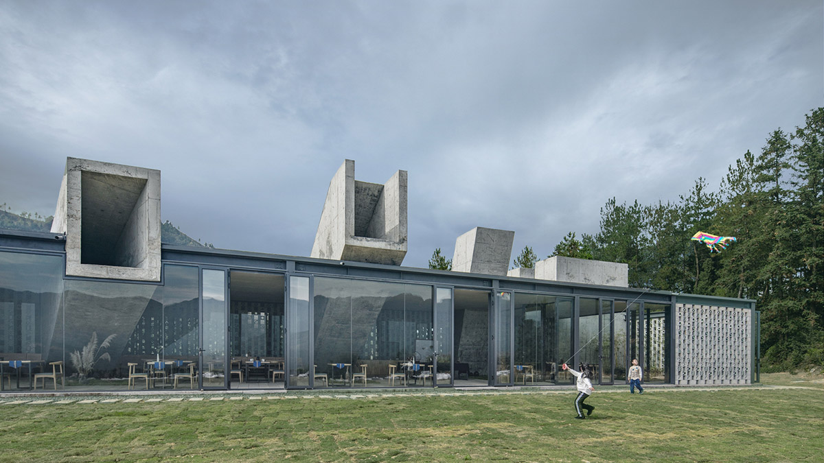 Eight diagonal light tubes are protruding from tea house to grasp prolonged sunlight hours by DnA