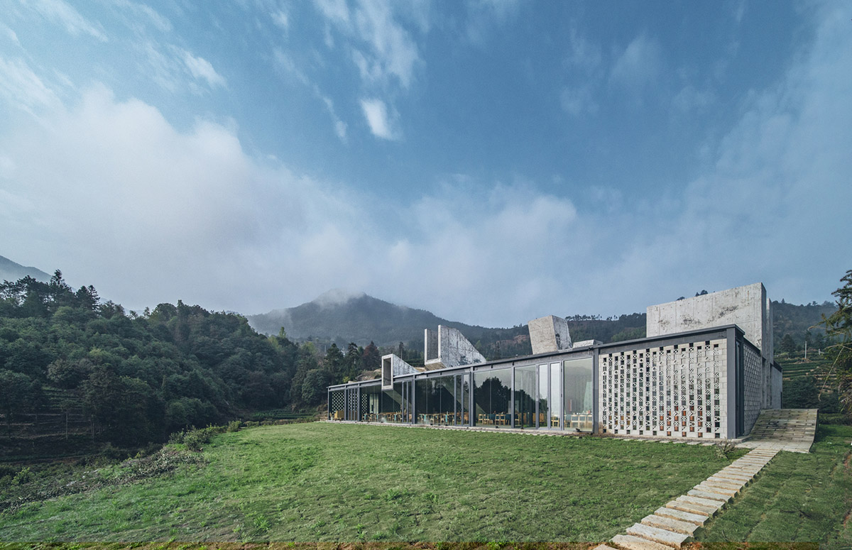 Eight diagonal light tubes are protruding from tea house to grasp prolonged sunlight hours by DnA