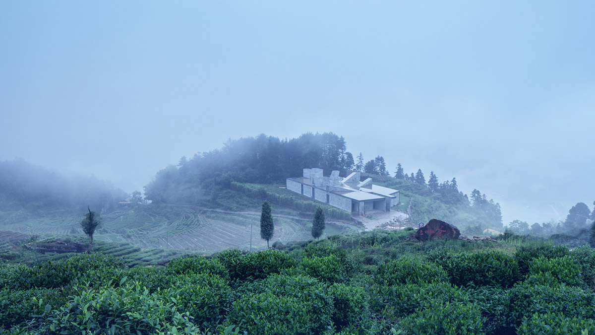 Eight diagonal light tubes are protruding from tea house to grasp prolonged sunlight hours by DnA