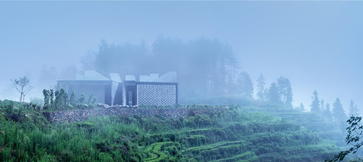 Eight diagonal light tubes are protruding from tea house to grasp prolonged sunlight hours by DnA