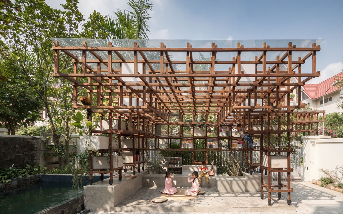 Farming Architects' Wooden Skeleton Provides Library Space For Children And Cage For Chickens