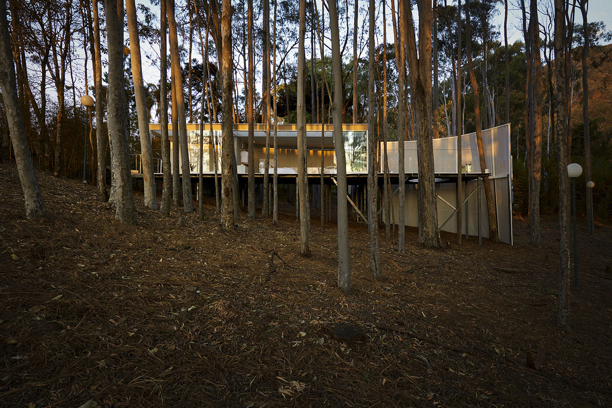 Piacesi Arquitetos Associados suspends refuge cabin with light and curved structures within a forest