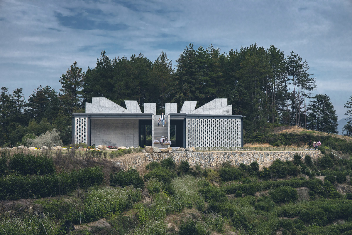 Eight diagonal light tubes are protruding from tea house to grasp prolonged sunlight hours by DnA