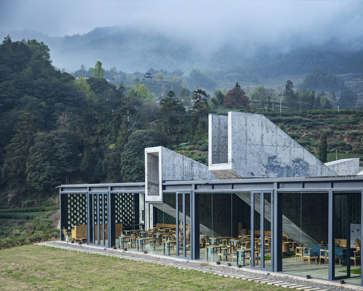 Eight diagonal light tubes are protruding from tea house to grasp prolonged sunlight hours by DnA