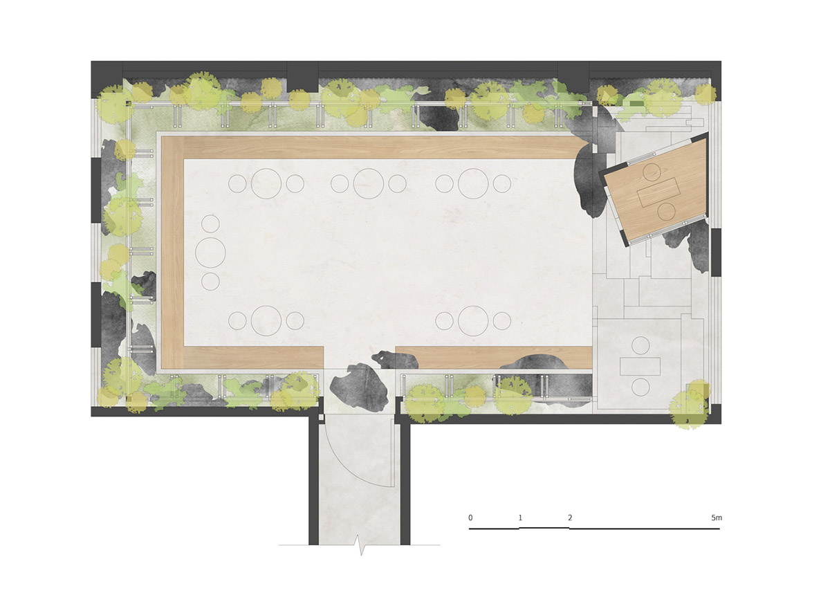 Jiejie studio wraps this tea room with a peach garden with rocky and forest landscape in Beijing