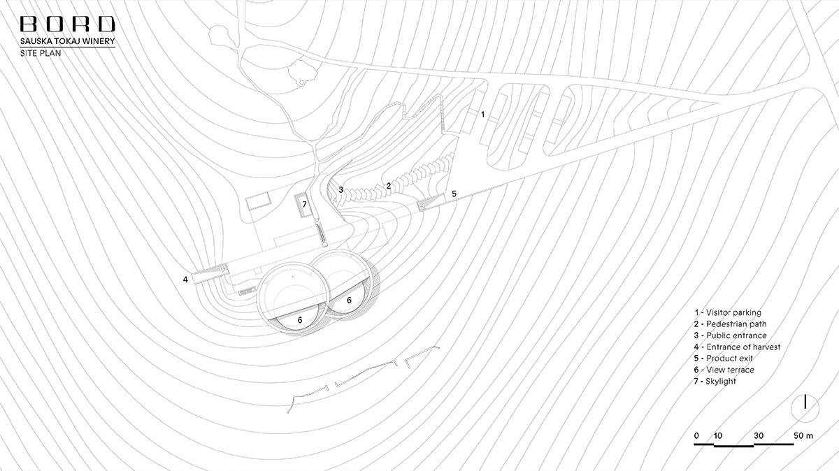 Two circular hovering volumes form a winery perched atop the Padi Hill in Hungary 