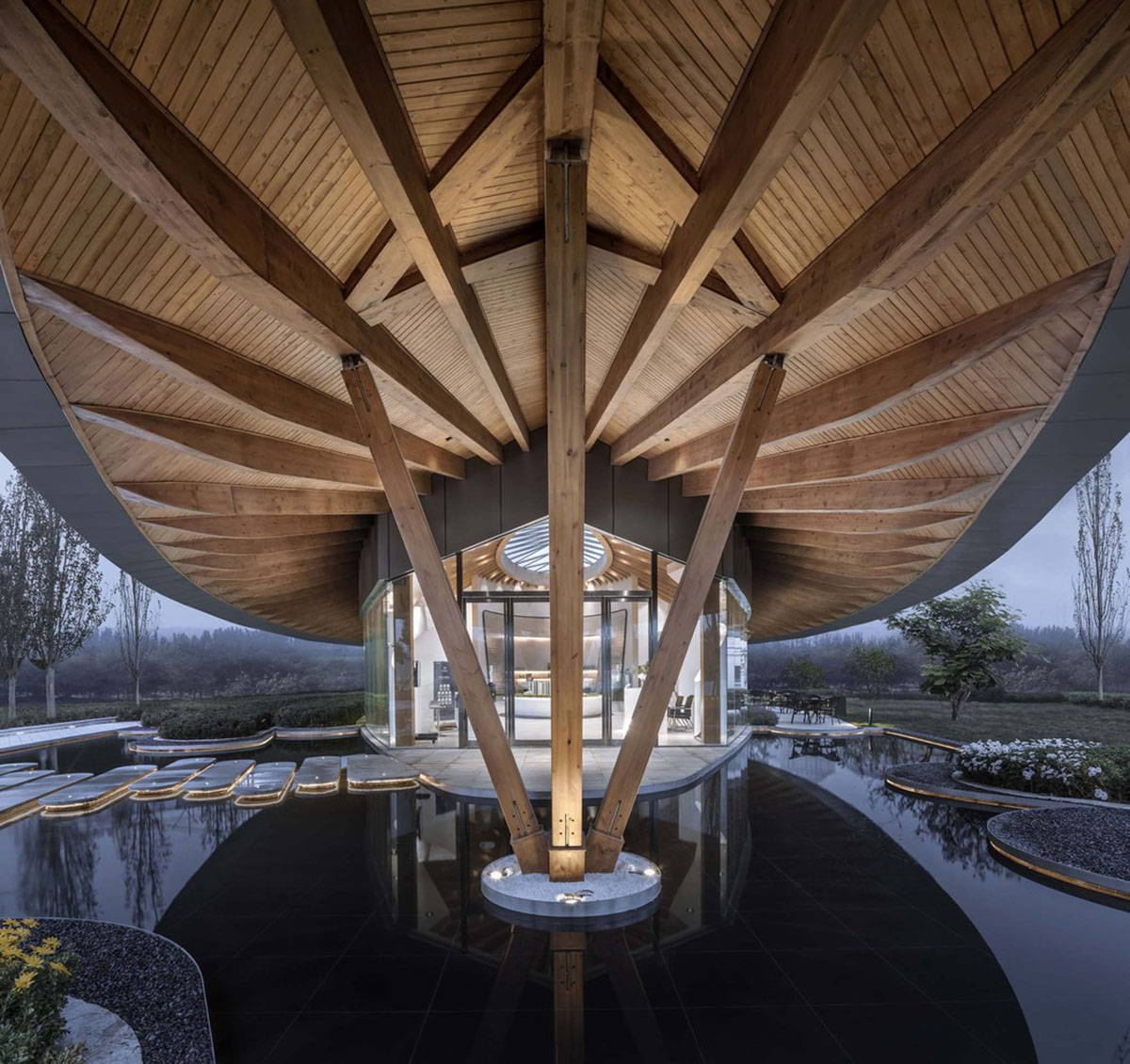 Ruf Architects' exhibition gallery features water drop-shaped roof overlooking the Yongding River