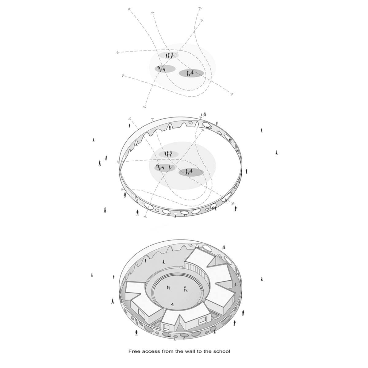 Circular wall featuring inhabitable holes encapsulates elementary school designed by Daaz Office