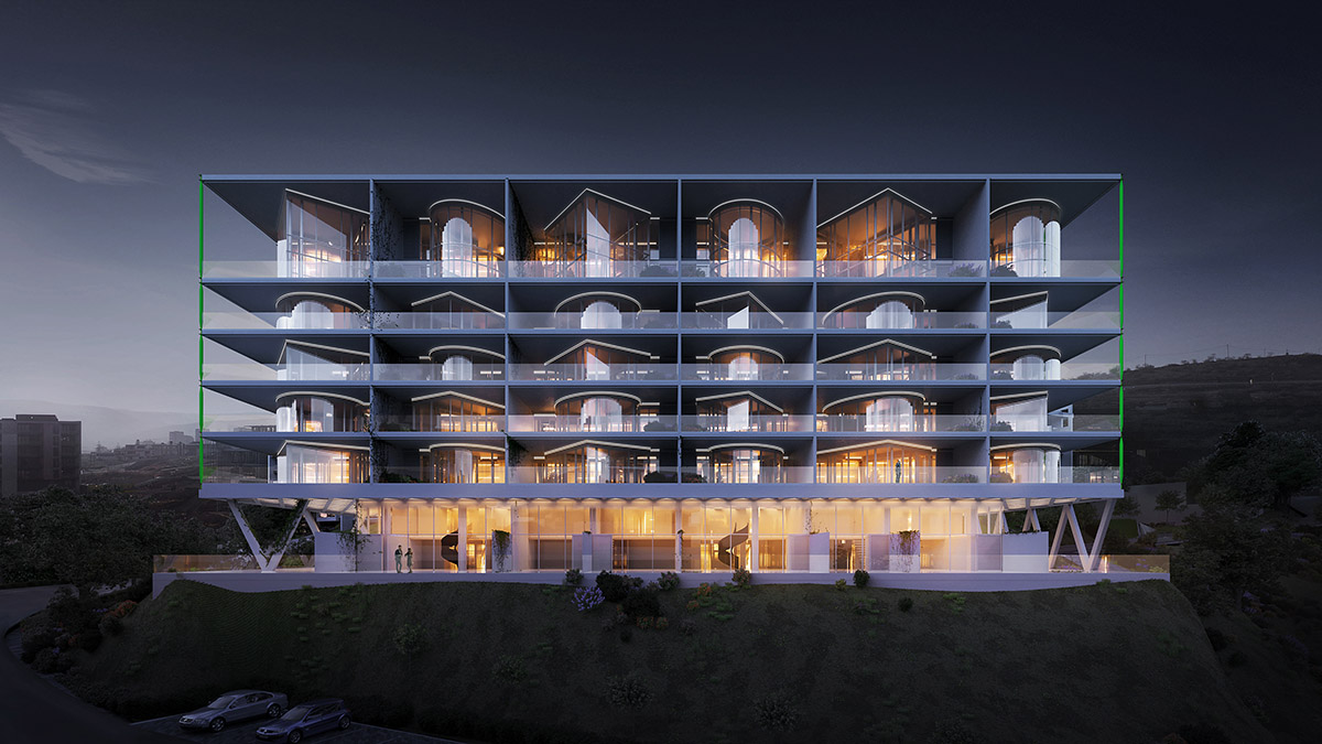 Architects of Invention designs residential block in Tbilisi oval and rectangular living rooms