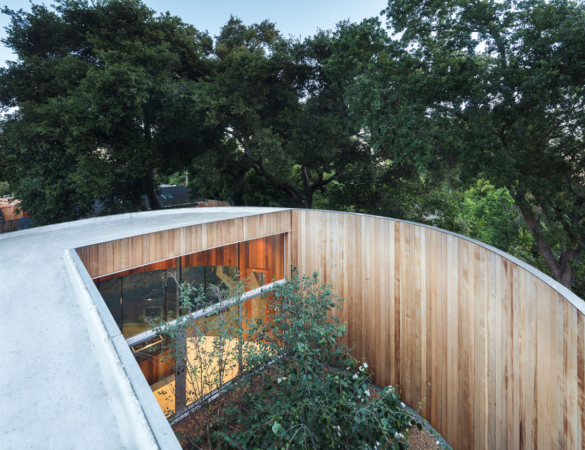 Curving wooden walls form Roofless House among trees in Atherton