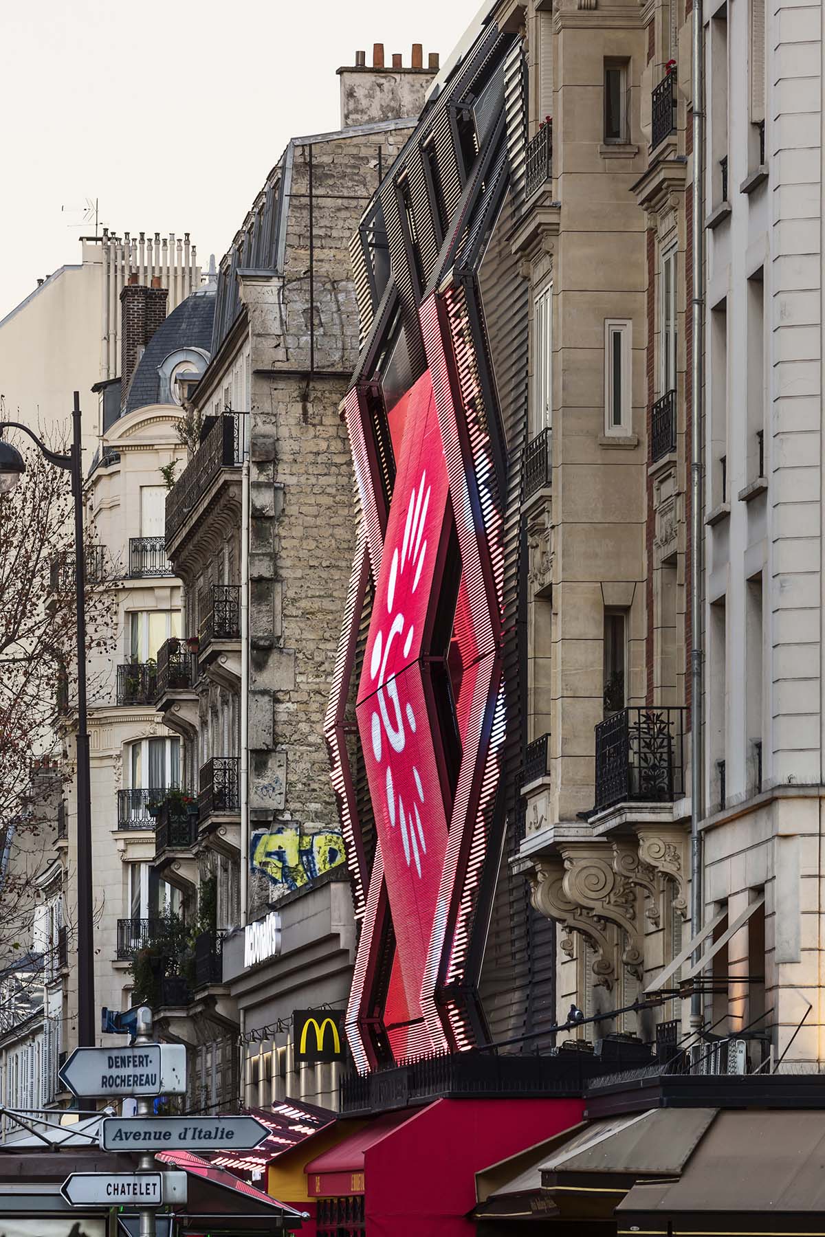 Manuelle Gautrand showcases films on the folded interactive screen for Paris’ historic building
