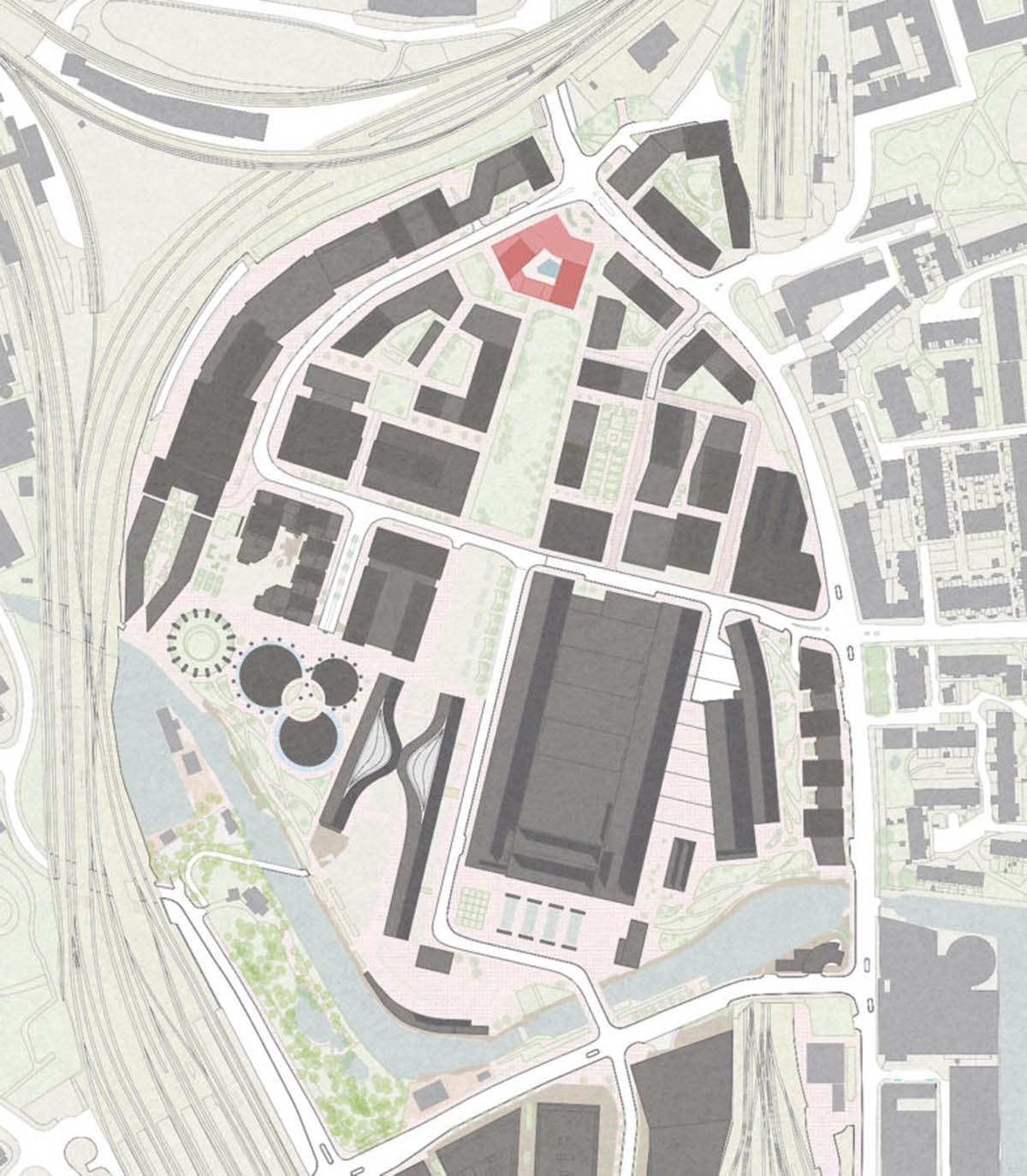 Alison Brooks Architects designs mixed-use urban block with red archways in London's King's Cross