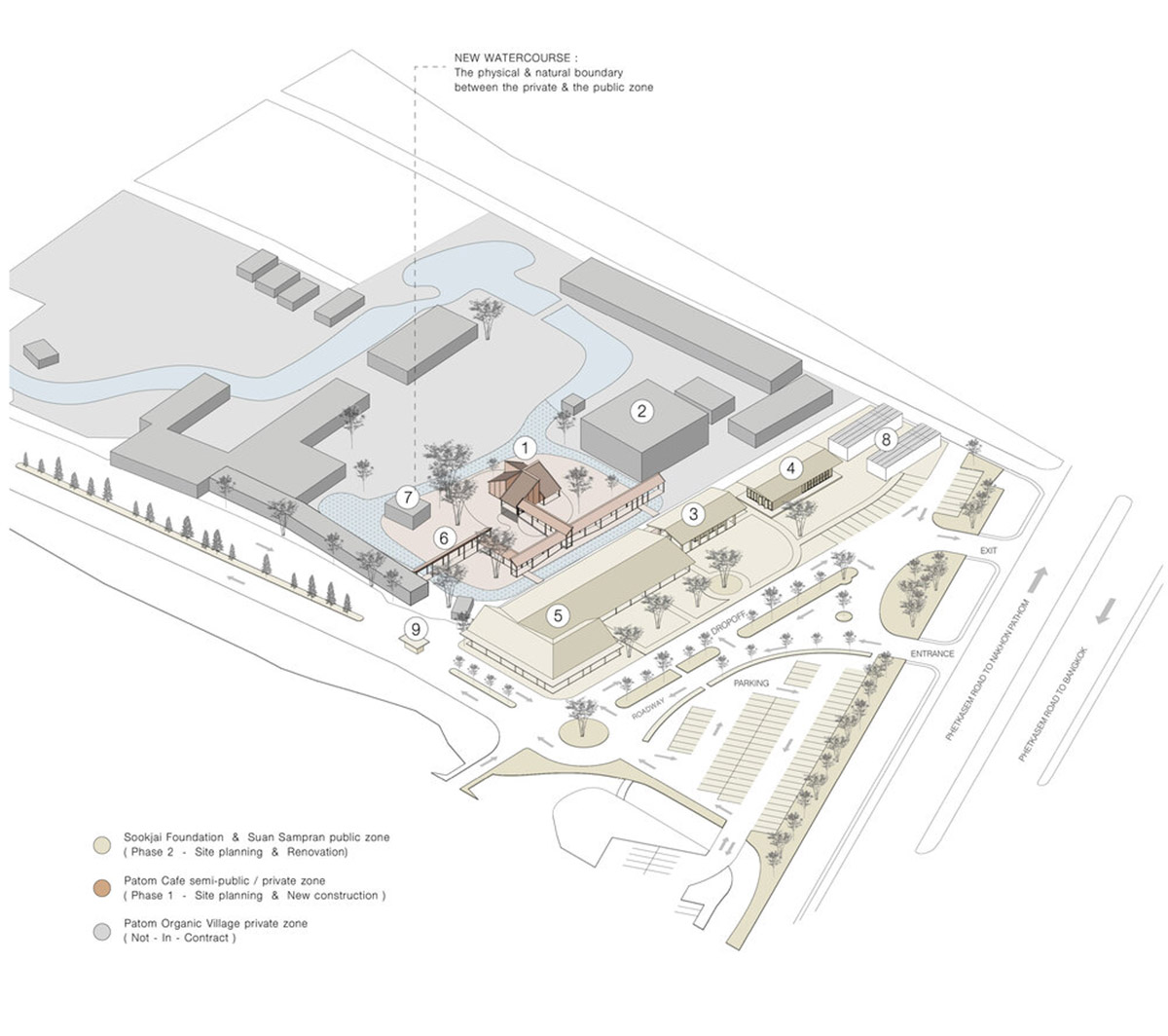 NITAPROW designed Patom Cafe with four segmented roof and thatched-roof walkway in Thailand