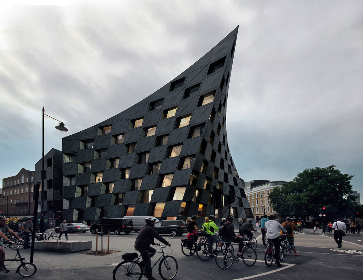 AQSO Arquitectos proposes hotel featuring checkerboard facade to be a landmark in East London