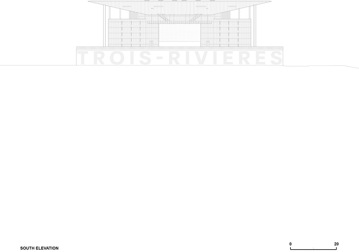 Paul Laurendeau completes outdoor summer amphitheater in Quebec with bold red floating roof