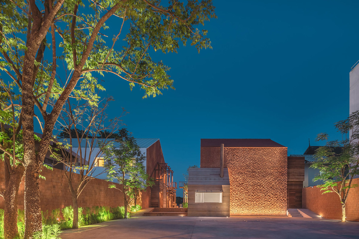 onion designs hotel and restaurant with handmade orange bricks in Thailand