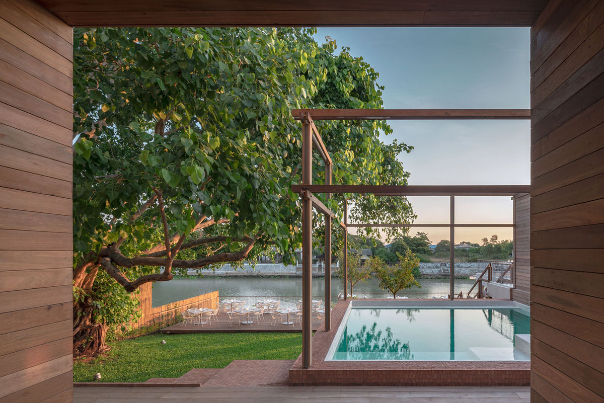 onion designs hotel and restaurant with handmade orange bricks in Thailand