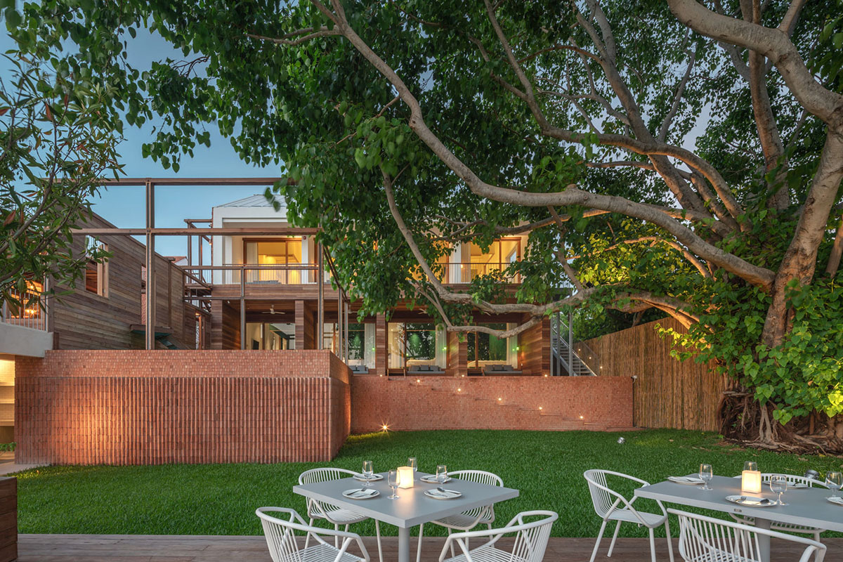 onion designs hotel and restaurant with handmade orange bricks in Thailand