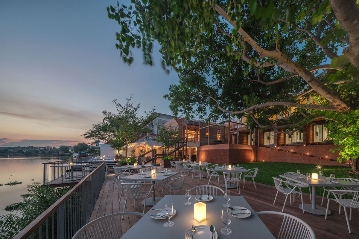 onion designs hotel and restaurant with handmade orange bricks in Thailand