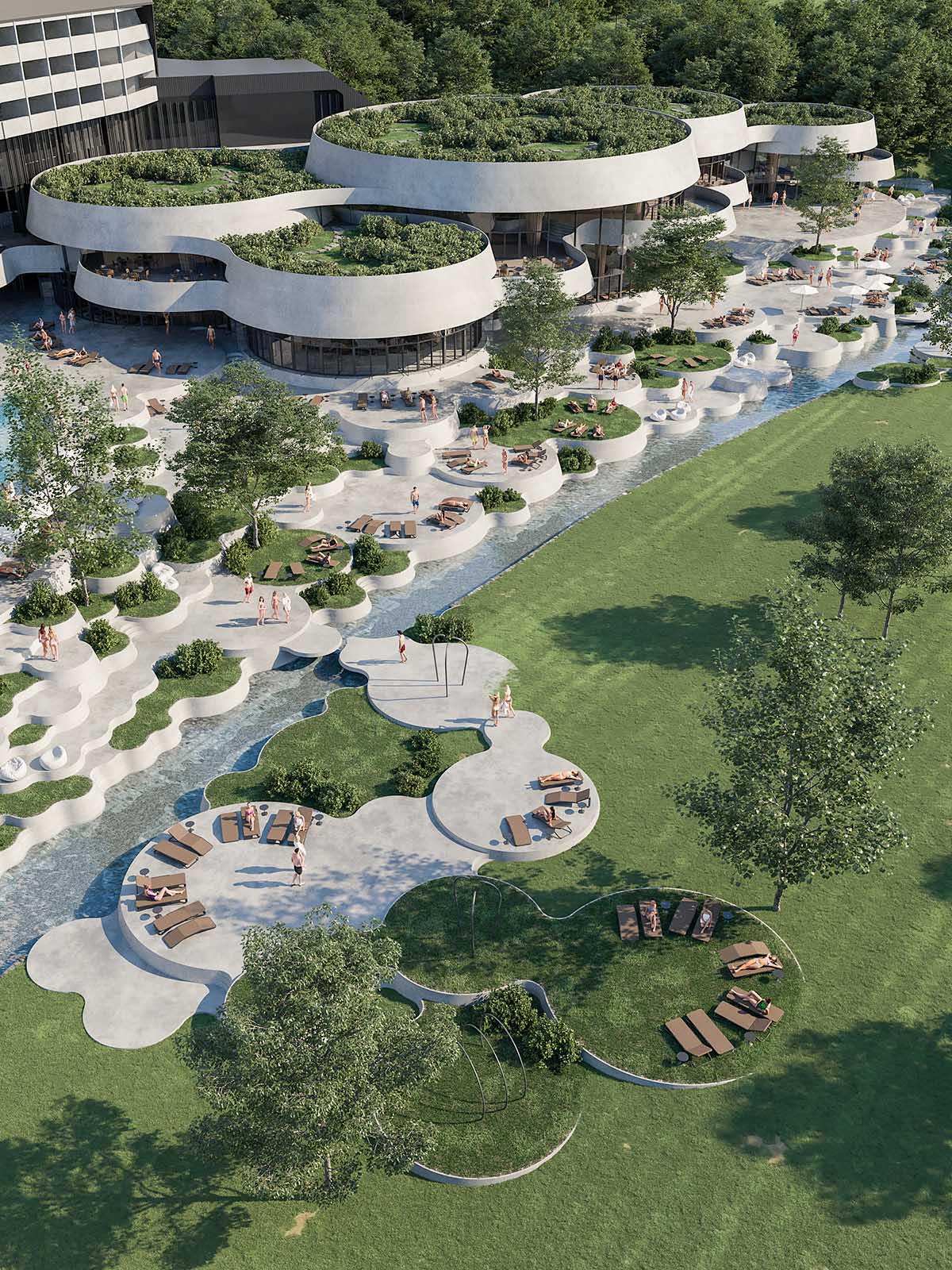 Enota reveals extension for pool and wellness of Hotel Kardial with sinuous terraces in Banja Vrućica