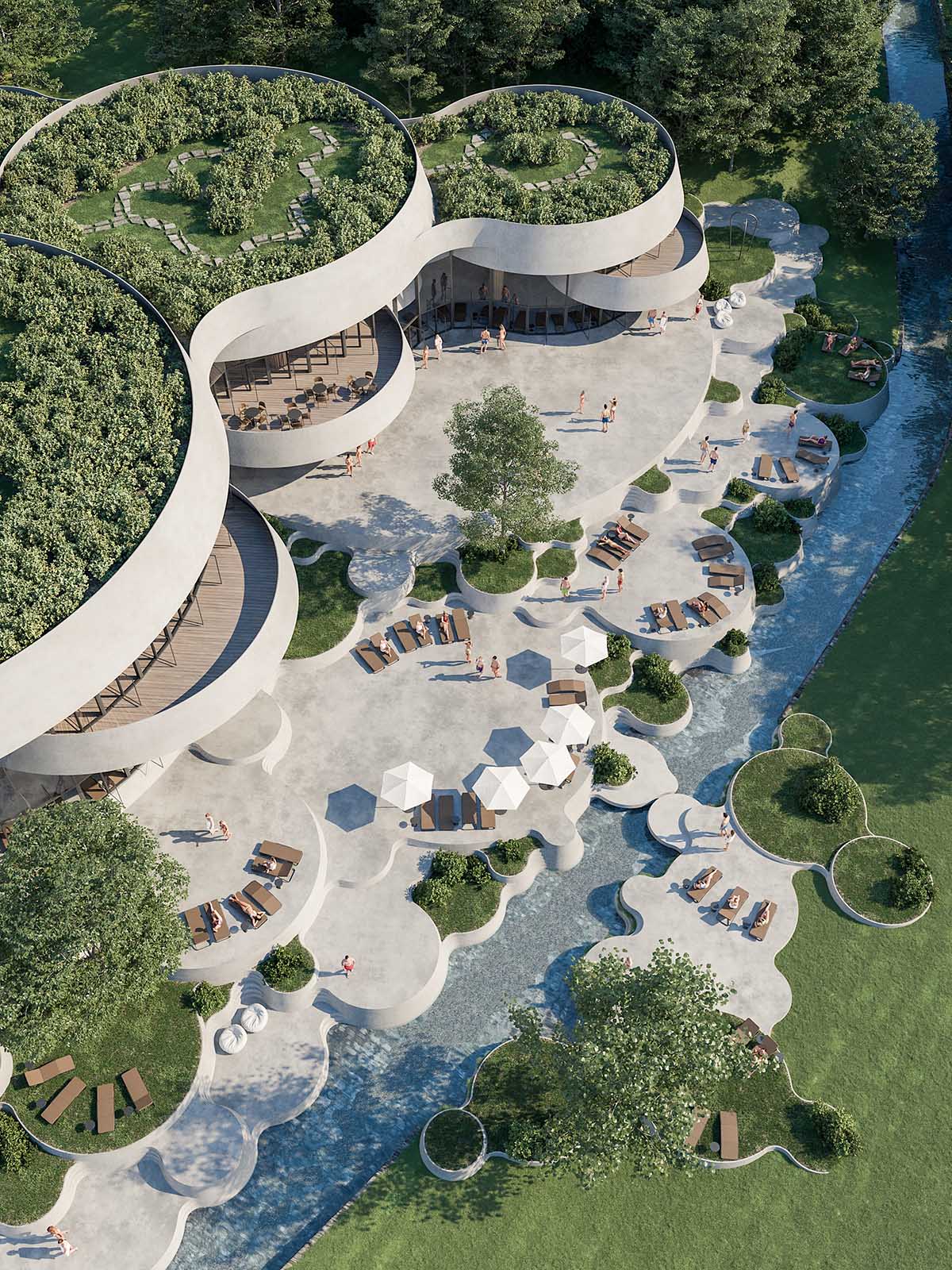 Enota reveals extension for pool and wellness of Hotel Kardial with sinuous terraces in Banja Vrućica