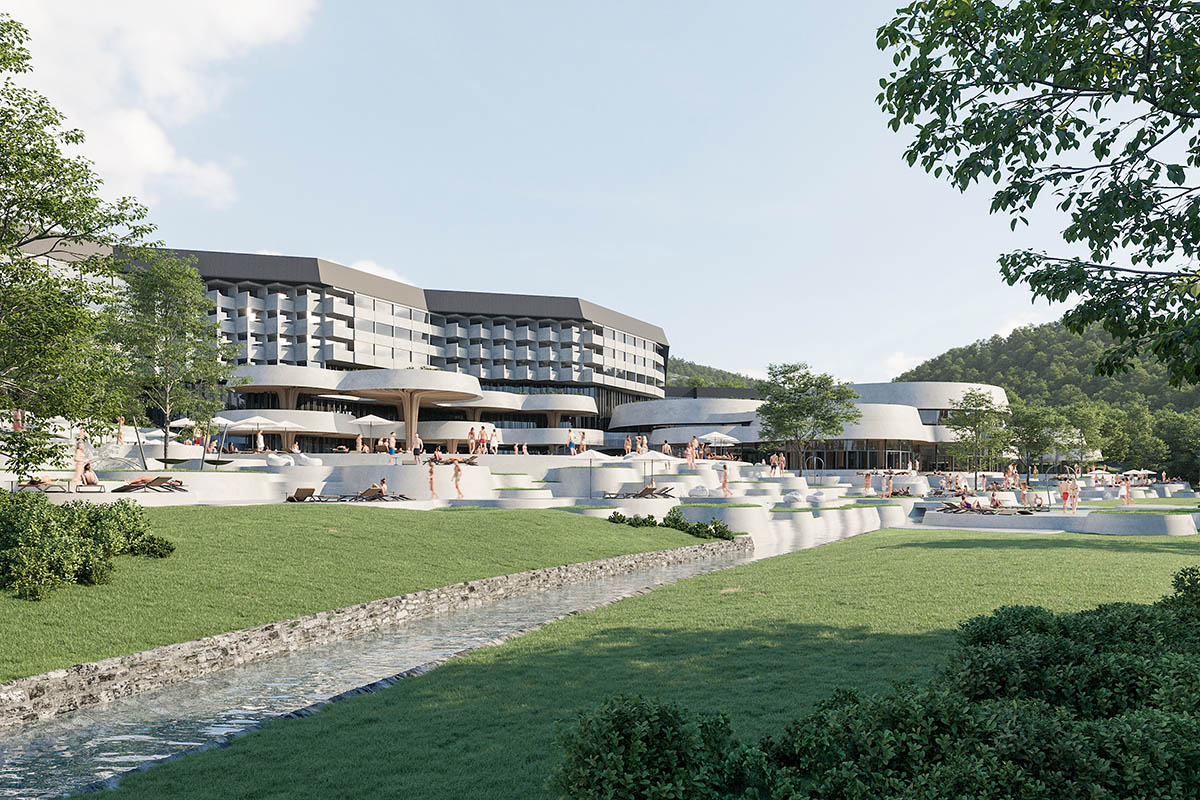 Enota reveals extension for pool and wellness of Hotel Kardial with sinuous terraces in Banja Vrućica