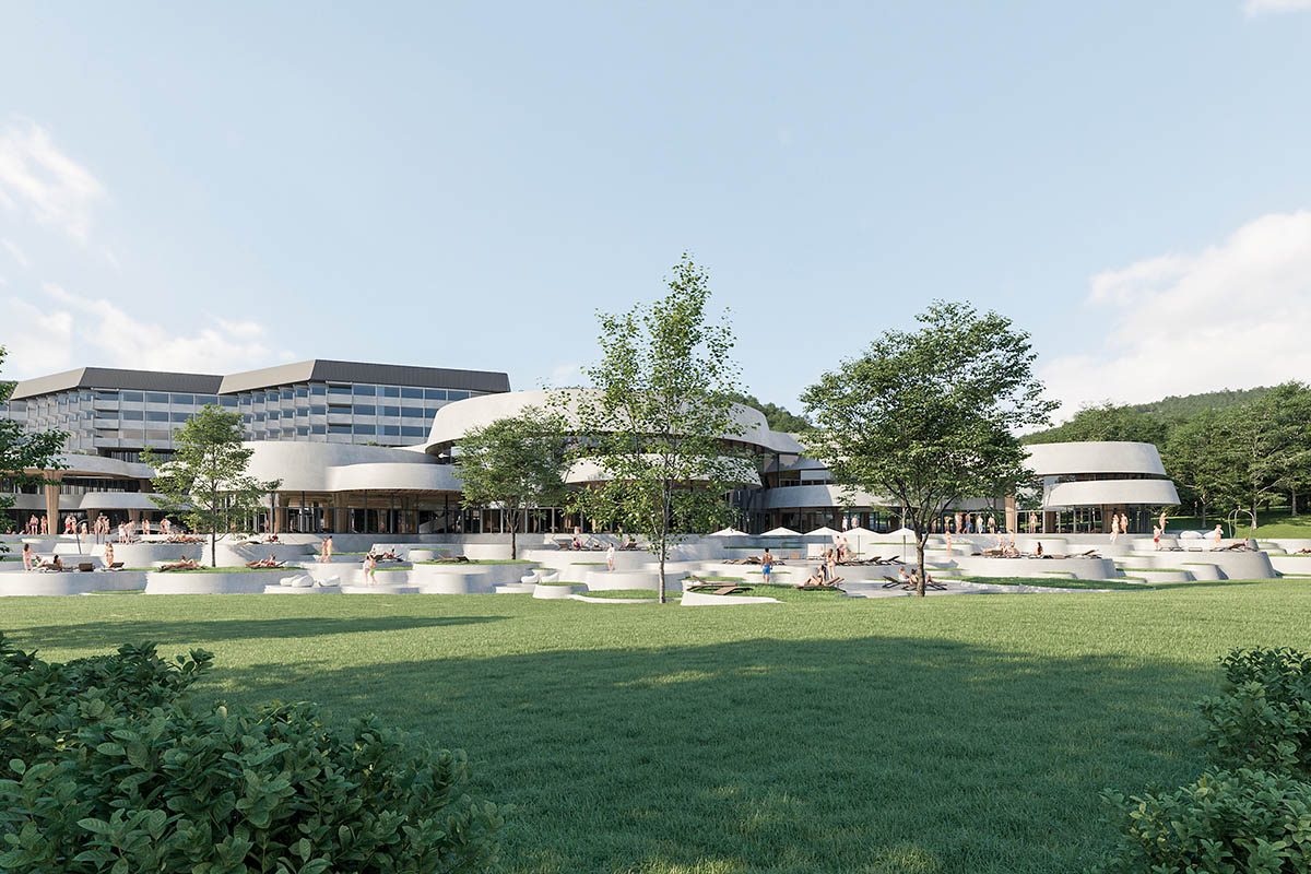Enota reveals extension for pool and wellness of Hotel Kardial with sinuous terraces in Banja Vrućica