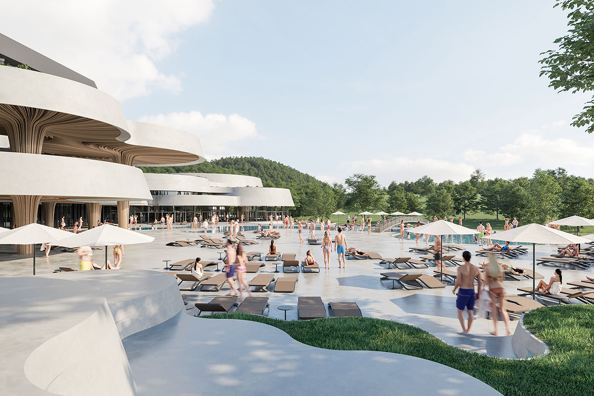 Enota reveals extension for pool and wellness of Hotel Kardial with sinuous terraces in Banja Vrućica