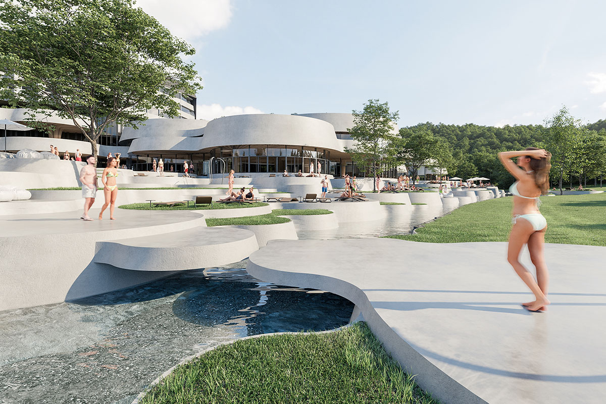 Enota reveals extension for pool and wellness of Hotel Kardial with sinuous terraces in Banja Vrućica